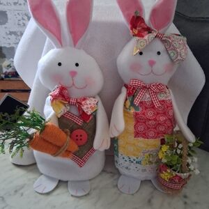 Handmade White Fabric Bunny Pair - Decorative Easter Plush Set